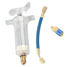 Injecteur d'huile de climatisation en acier avec connecteur de 1/4 pouce colorant bleu pour