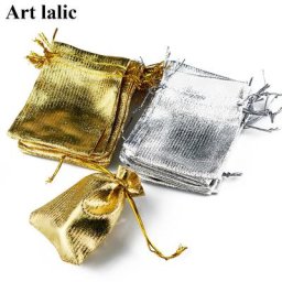 Sacs à cordon en Organza or et argent 100 pièces sac cadeau pour bijoux 9x7 pochettes pour fête