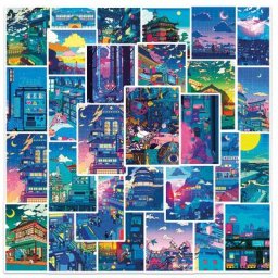 10/30/50pcs Dessin Animé Vue Nocturne Peinture Imprime Autocollants Esthétique Autocollant Scrapbook