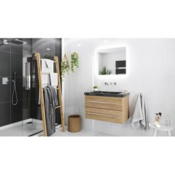 Damo avec vasque en granit Galaxy Black 75cm sans pré-perçage & miroir à LED