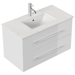 Meuble de salle de bain Ely 90 quartz Carrara meuble bas blanc brillant