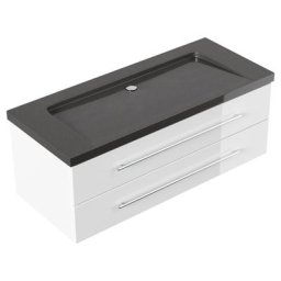 Meuble SDB Damo blanc avec vasque en granit India Black, 130cm sans pré-perçage