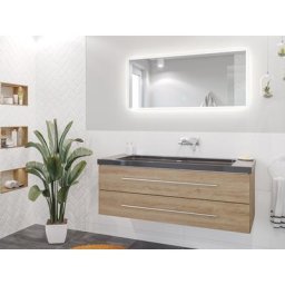 Damo avec vasque en granit India Black 130cm sans pré-perçage & miroir à LED