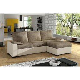 Canapé d'angle convertible - en tissu marron et simili beige, angle droit (vu de face) - lucas