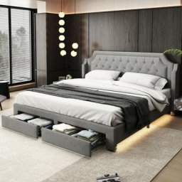 Lit capitonné 180x200 avec sommier à lattes, rangement, éclairage led et tête de lit, lin, gris