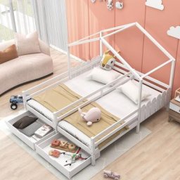 Merax - Lit cabane blanc 90 x 200 cm pour 2 enfants, 2 lot de lit simple avec 2 tiroirs, Sommier et