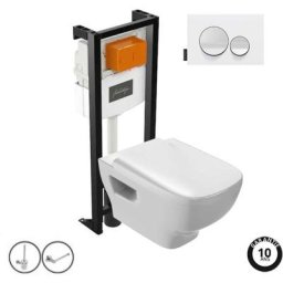 WC suspendu sans bride + abattant + B ti-support autoportant + Plaque de commande + Porte-rouleau