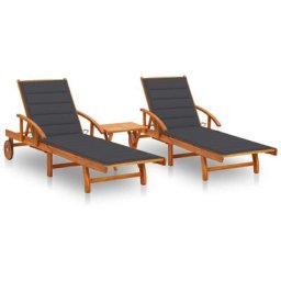 Lot de 2 Chaises longues | Bain de soleil Transat avec table et coussins Acacia solide 35172