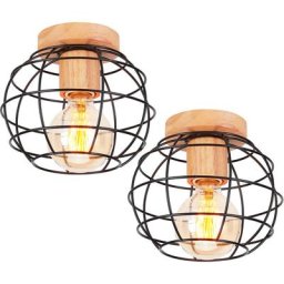 Vintage Plafonnier Industrielle Design forme Cage Ovale 20cm Noir, Lampe de Plafond en Bois Métal
