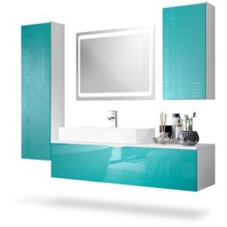 Vladon Ensemble de Meubles de bains complet Miroir LED Armoire Beach Blanc - Façades en Turquoise