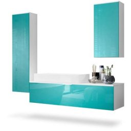 Vladon Ensemble de Meubles de bains complet Miroir LED Armoire Beach Blanc - Façades en Turquoise