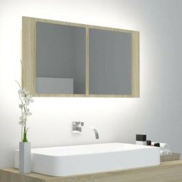 Hommoo - Armoire de salle de bain a miroir a led Chene sonoma 90x12x45cm