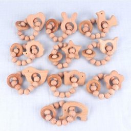 Anneau de dentition en bois pour bébé Bracelet de perles hochet à poignée de main dessin animé