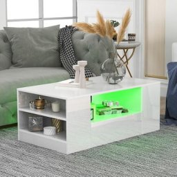 Table basse contemporaine avec bande led - 2 tiroirs et 2 étagères - 95 x 53 x 37 cm - Blanc