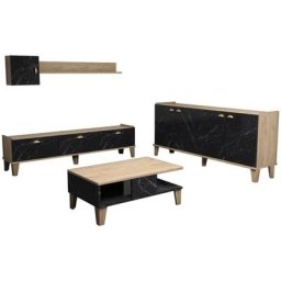 Ensemble meuble de salon Blaz Chêne et Noir Effet Marbre - Chêne clair