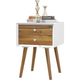 Table de Chevet avec 2 Tiroirs, Table d'Appoint en Bois et mdf avec Pied en Bois Massif Idéal pour
