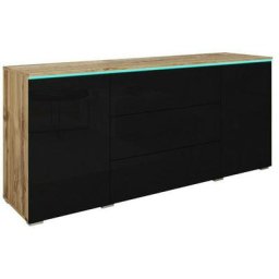 Commode Sarasota 142, Chêne wotan + Noir brillant, Avec tiroirs et portes, 66x150x40cm, led - Chêne