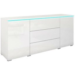 Commode Sarasota 142, Blanc + Blanc brillant, Avec tiroirs et portes, 66x150x40cm, LED - Blanc +