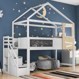 Lit cabane enfant 90 x 200 cm - Bois pin massif Blanc - Sommier inclus - Style scandinave - Blanc