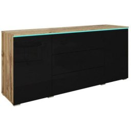 Commode Sarasota 142, Chêne wotan + Noir brillant, Avec tiroirs et portes, 66x150x40cm, led - Chêne