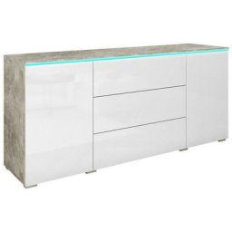 Commode Sarasota 142, Béton + Blanc brillant, Avec tiroirs et portes, 66x150x40cm, LED - Béton +