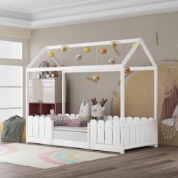 Merax - Lit cabane 90x200 cm - Lit enfant polyvalent en bois - Sommier à lattes - Protection contre