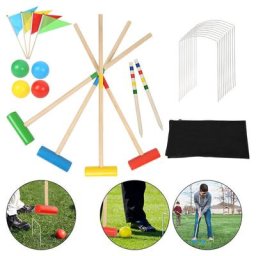 Randaco - Jeu de croquet Ensemble de croquet pour 4 joueurs, Jeu en bois, enfants et adultes, set