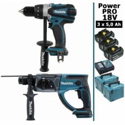 Makita - Pack Power pro 18V: Perceuse 91Nm DDF458 + Perforateur 2J DHR202 + 3 batt 5Ah + 2 Coffrets