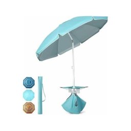 Parasol de Plage D.176CM Inclinable avec Table à 2 Porte-Gobelets,8 Blaines Réglable en Angle avec