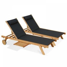 Lot de 2 bains de soleil avec coussin et tablette en bois noir - Noir