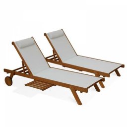 Lot de 2 bains de soleil avec coussin et tablette en bois blanc - Blanc