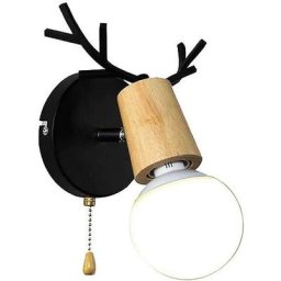 Applique murale en bois en forme de bois de cerf avec interrupteur à tirette E27, noir, sans ampoule