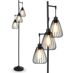 Lampe sur Pieds Salon 3 Abat-jour Vintage Noir, Lampadaire Industriel Hauteur 170 cm en Métal Noir