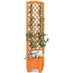 Jardinière Surélevée avec Treillis, Bac à Fleurs Carré en Bois Massif avec Trou de Drainage, pour