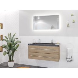 Damo décor chêne avec double vasque en granit India Black 100cm & miroir à LED