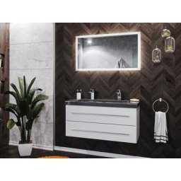 Damo en blanc avec double vasque en granit India Black 100cm & miroir à LED