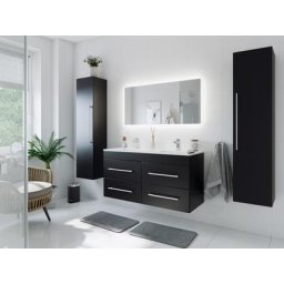 Ensemble meuble de SDB Helios 4 pièces en noir satiné avec miroir LED
