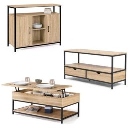 Ensemble meubles de salon buffet, table basse relevable et meuble TV DETROIT design industriel