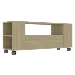 Meuble tv sur roulettes 2 tiroirs bois chêne clair Tacar 120 cm