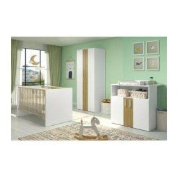 Chambre bébé Trio : Lit 70 x 140 cm + Commode a langer + Armoire 2 portes berry - Blanc et chene