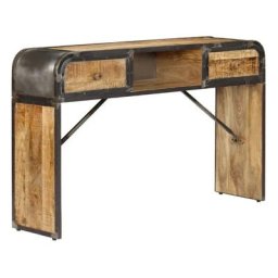 Console 2 tiroirs manguier massif clair et métal noir Cinéma