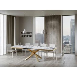 Table extensible 8 à 20 personnes effet marbre et pieds entrelacés doré l 180 à 440 cm Artemis