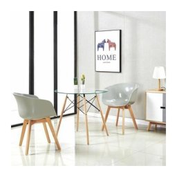 Table à manger ronde en verre transparent Scandinave pieds en Hêtre et Support en métal