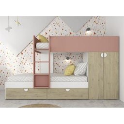 Lits superposés Wilson pour deux enfants Rose antique Chêne et Blanc mat avec armoire Rose, chêne