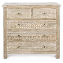 Commode 5 tiroirs bois de manguier clair avec décorations incrustées fait main Mabel 93 cm