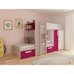 Lits superposés Alvin pour deux enfants Fuchsia Chêne et Blanc mat avec armoire Fuchsia, chêne et