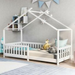 Lit cabane enfant 90 x 200 cm Beau lit de maison ,bois massif avec barrière et sommier, avec