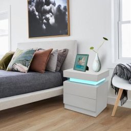 Table de Chevet Led, Table de Chevet Blanche avec 2 Tiroirs et éclairage 16 Couleurs, Adaptée au