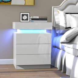 Table de Chevet Led, Table de Chevet Blanche avec 3 Tiroirs et éclairage 16 Couleurs, Adaptée au