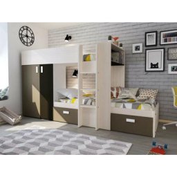 Lits superposés Alvin pour deux enfants Moka Chêne Noir et Blanc mat avec armoire Moka, Chêne, Noir